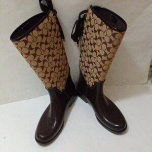 Coach Tristee Monogram Tall Faux Fur Lined Lace Up Back Brown Rain Boot Size 11B